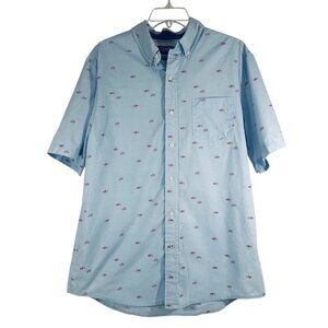 Chaps Light Blue Short Sleeve Button-Down Shirt Red Fish Print Size L Easy Care